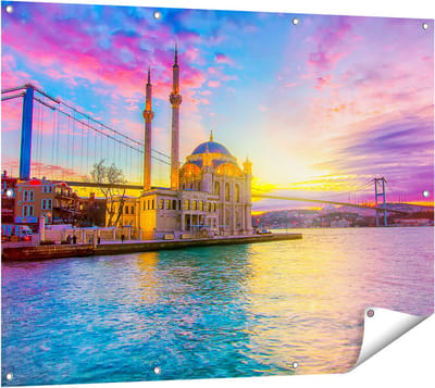 Gards Tuinposter Kleurrijke Ortakoy Moskee in Instanbul - 120x90 cm - Tuindoek - Tuindecoratie - Wanddecoratie buiten - Tuinschilderij
