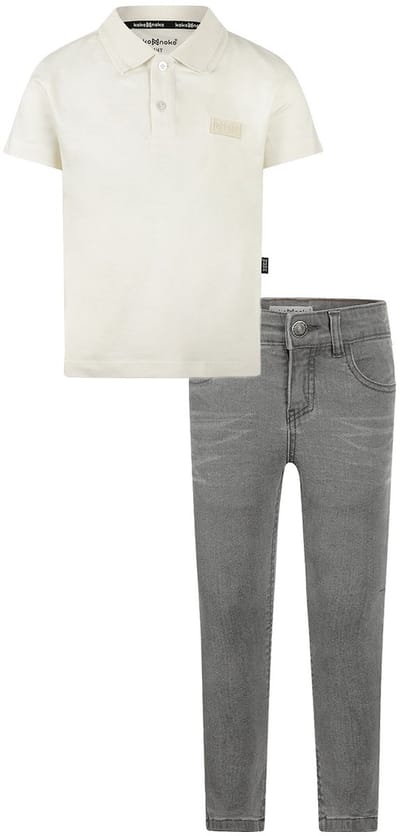 Koko Noko - Kledingset - Basic Collection - Bio Cotton - Grijze jeans - Polo Shirt Off white - Maat 92