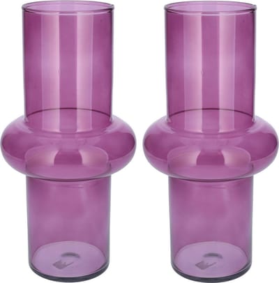 Bellatio Design Bloemenvaas - 2x - paars transparant gerecycled glas - 15 x 31 cm - vaas