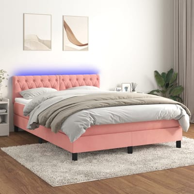 vidaXL - Boxspring - met - matras - en - LED - fluweel - roze - 140x190 - cm