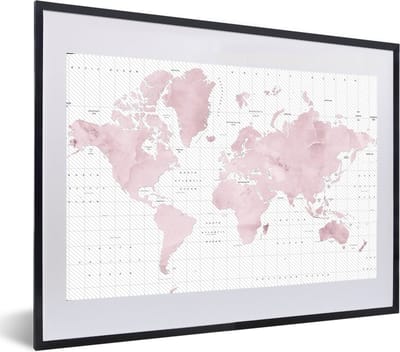 Poster in lijst - Fotolijst 60x40 cm - Posters - Wereldkaart - Roze - Marmer - Posterlijst zwart - Decoratie - Wanddecoratie woonkamer - Muurdecoratie slaapkamer