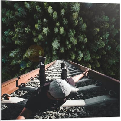 Dibond - Man aan Ladder boven Bos - 80x80cm Foto op Aluminium (Wanddecoratie van metaal)