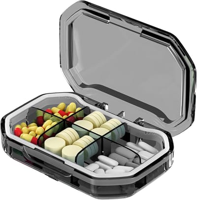Draagbare pillendoos met 6 vakjes - Compacte en draagbare opbergdoos - Pillendispenser - Opbergdoos voor voedingssupplementen - 92*62*25 mm - Geschikt voor thuis en op reis - Transparant grijs