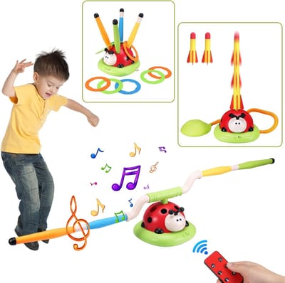 3-in-1 spellen voor kinderen, raketspeelgoed, touwspringmachine voor kinderen, ringwerpspel voor kinderen, schuimraketten, launcher, sport en outdoorspeelgoed voor 3, 4, 5, 6, 7, 8, 9 jaar