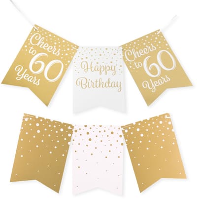 Q2P - 60 Jaar Versiering - Slingers - Verjaardag Versiering - Decoratie - Wit & Goud - Vlaggenlijn - 1 Stuk