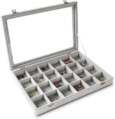 Sieraden Organizer met Velvet en Doorzichtig Deksel - 24 Grid Sieradenhouder in Grijs