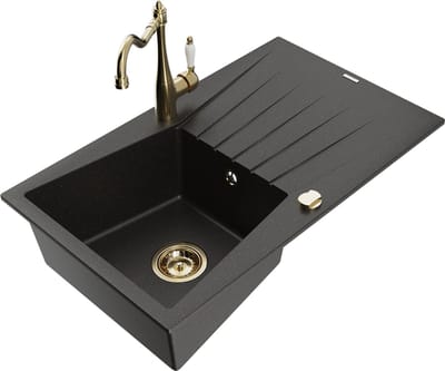 Mexen Cesar granieten spoelbak 1-komer met afdruiprek en keukenmengkraan Carla, zwart/goud metallic - 6514-75-670700-50