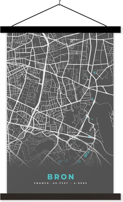 Posterhanger incl. Poster 40x60 cm - Schoolplaat - Bron - Plattegrond - Kaart - Frankrijk - Stadskaart - Textielposter - Zwarte latten - Stadskaart