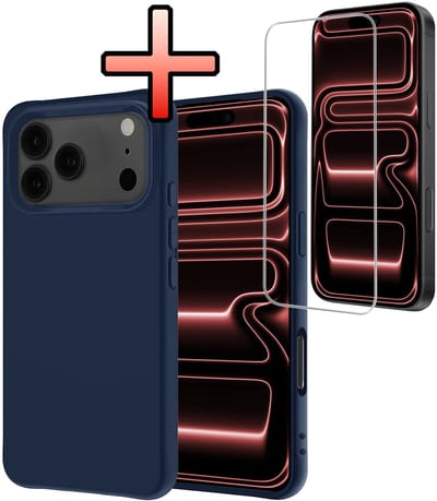 Hoesje - Met Screenprotector - Geschikt voor Apple iPhone 17 Pro - Sterk & Shockproof - Back Cover - Siliconen Case - Telefoon Hoes - Donkerblauw