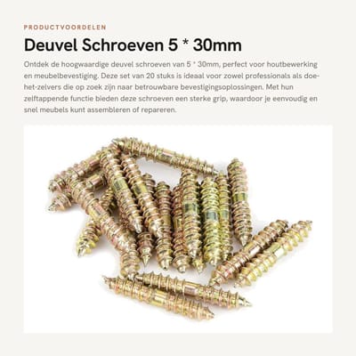 Dailygoods- Deuvel 20 Stuks - Zelftappende Schroeven - Draad Bouten - Houtbewerking Connector - 5 x 30mm - Hoogwaardige Kwaliteit