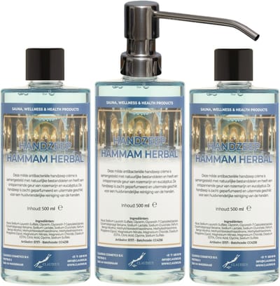 Handzeep Hammam Herbal 500 ml - set van 3 stuks - met gratis RVS zilverkleurige pomp - Voordeelverpakking