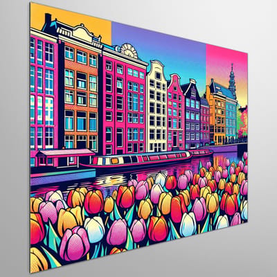 Pop art amsterdam schilderij | Amsterdamse Pop Art: Stedelijke schoonheid vastgelegd in levendige kleuren | Kunst - 40x40 centimeter op Dibond | Foto op Dibond