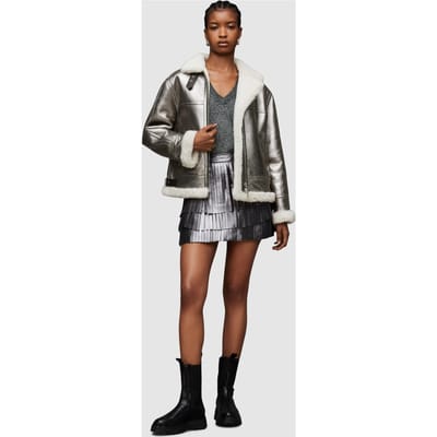 AllSaints Lorel Flying Jacket Silver/off White Maat: XS | Leren Jassen Outlet | Dames | Zilver