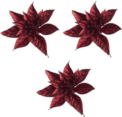 3x Kerstboomversiering op clip bordeaux/donkerrode glitter bloemen 8 cm- kerstboom decoratie - Donkerrode kerstversieringen