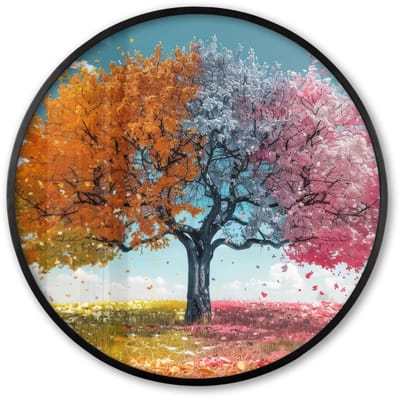 Poster in lijst Rond - Fotolijst 60x60 cm - Posters - Boom - Kleurrijk - Natuur - Levensboom - Ronde posterlijst zwart - Decoratie - Wanddecoratie woonkamer - Muurdecoratie slaapkamer