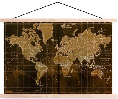 Posterhanger incl. Poster 120x80 cm - Schoolplaat - Klassieke wereldkaart in het bruin - Textielposter - Blanke latten