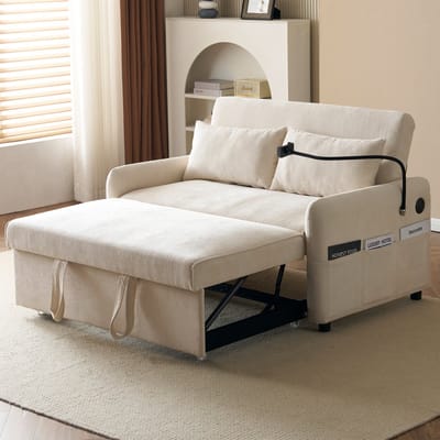 Moderne tweevoudig opvouwbare slaapbank met verstelbare rugleuning - telefoonhouder en USB-oplaadaansluiting - beige