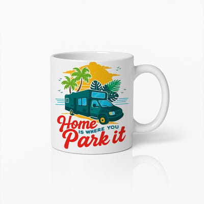 Home Is Where You Park It Mok – Wit 330 ml – Camperbus Reis Koffiemok voor Avonturiers
