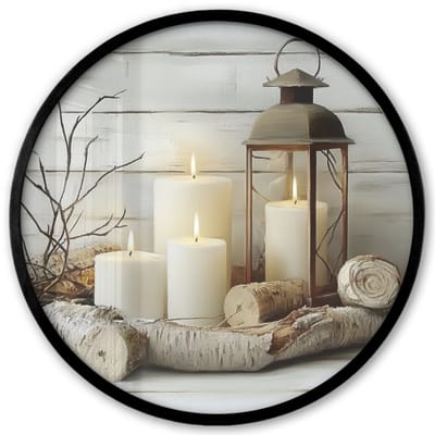Poster in lijst Rond - Fotolijst 40x40 cm - Posters - Stilleven - Wit - Kaarsen - Rustiek - Natuur - Ronde posterlijst zwart - Decoratie - Wanddecoratie woonkamer - Muurdecoratie slaapkamer