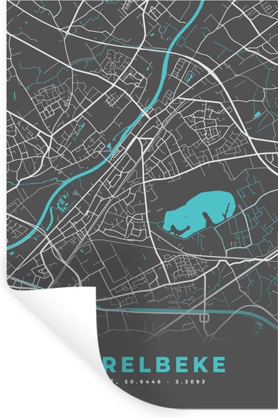 Muurstickers - Sticker Folie - België – Harelbeke – Stadskaart – Kaart – Blauw – Plattegrond - 20x30 cm - Plakfolie - Muurstickers Kinderkamer - Zelfklevend Behang - Zelfklevend behangpapier - Stickerfolie