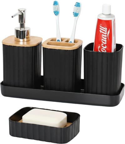 Cheffinger Badkameraccessoireset - 5-delig - Zwart - Zeepdispenser - Tandenborstelbeker - Zeepbakje - Beker - Houder