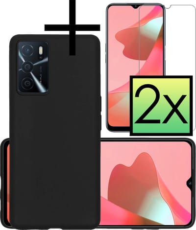 Hoesje - Met 2x Screenprotector - Geschikt voor OPPO A16 - Sterk & Shockproof - Back Cover - Siliconen Case - Telefoon Hoes - Zwart