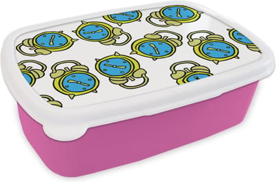 Broodtrommel Roze - Lunchbox - Brooddoos - Wekker - Patroon - Cartoon - Slapen - 18x12x6 cm - Kinderen - Meisje