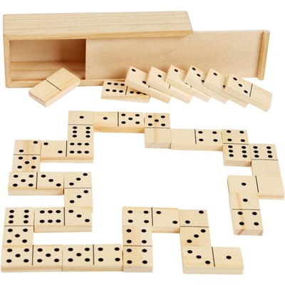 Dubbele Zes Domino Set met Houten Kist Klassiek Bordspel voor Volwassenen en Gezinnen beige