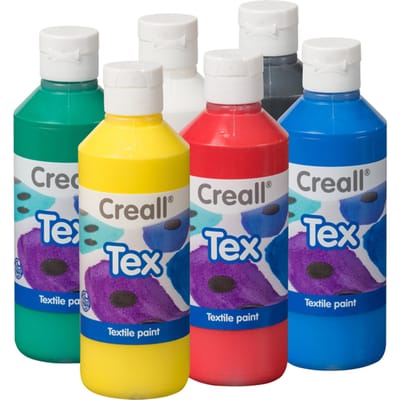 Creall Tex - Textiel- & Stoffenverf - Assortiment set met 6 kleuren - 6 x 250ml - Machine wasbaar na fixatie - Voor T-shirts, jeans, schoenen, stoffen tassen, meubels en auto-interieurs/hemelbekleding - Gemaakt in NL - Glutenvrij