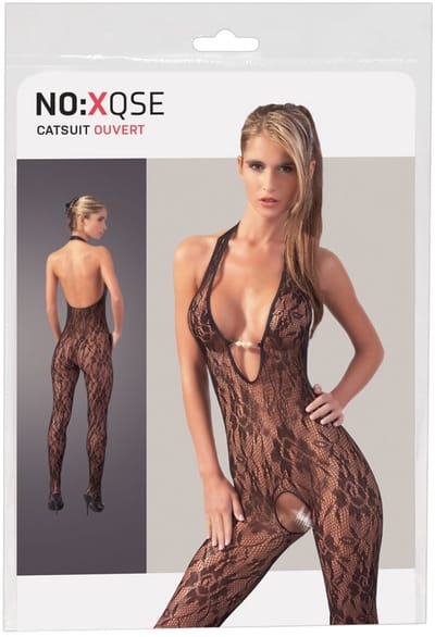 Mandy Mystery Lingerie –  Catsuit Open Kruis met Kanten Motief en Lage Decolleté voor Spanning – Maat S/M – Zwart