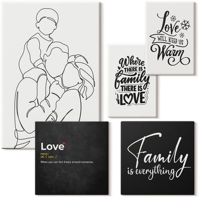 Wallfluent Set van canvas schilderijen - Familiewaarden van liefde en nabijheid in een minimalistische stijl Canvas Schilderijen Set - Set van 5 Canvas Schilderijen - Zwart en wit Set van Canvas Prints - Mensen Canvas Kunst Set