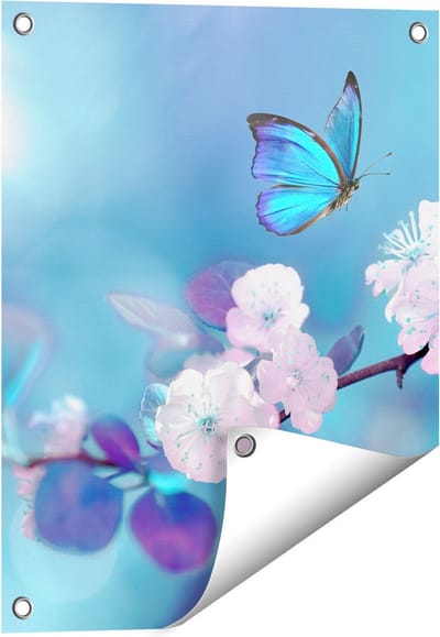 Gards Tuinposter Blauwe Vlinder bij een Roze Bloem - 40x50 cm - Tuindoek - Tuindecoratie - Wanddecoratie buiten - Tuinschilderij
