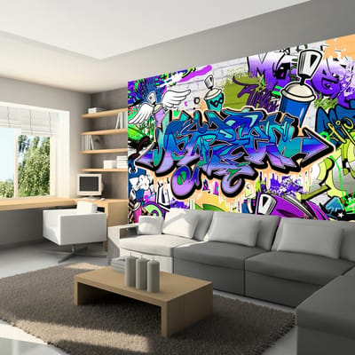 200cm X 140cm - Fotobehang - Graffiti: Chaos in Violet, premium print vliesbehang