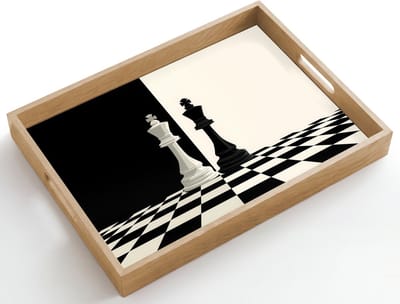 Dienblad hout 50x35 cm - Schootdienblad - Schaakstukken - Koning - Geblokt - Zwart - Borrelplank rechthoek - Plateau dienbladen