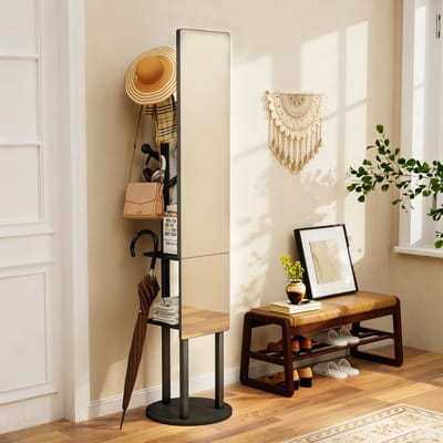 MIVRAY Staande Spiegelkast – 360 Graden Draaibaar – 174 x 40 cm – Spaanplaat en Staal – Zwart – Kleding Opbergen