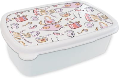 Broodtrommel Wit - Lunchbox - Brooddoos - Patronen - Keuken - Schort - Koken - Pastel - 18x12x6 cm - Volwassenen