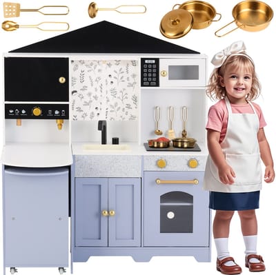 Speelgoed Kinderkeuken - Complete Speelkeuken - Speelkeuken - 60x90x105 cm - Speelkeukentje met Pannen, Keukeneiland, spoelbak, knoppen, fornuis, magnetron en keukenkasten - Speelkeuken - Rollenspel - Vanaf 3 Jaar - Paars