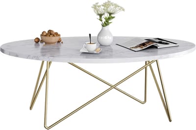 Ovale salontafel met marmeren look en gouden poten voor woonkamer en slaapkamer