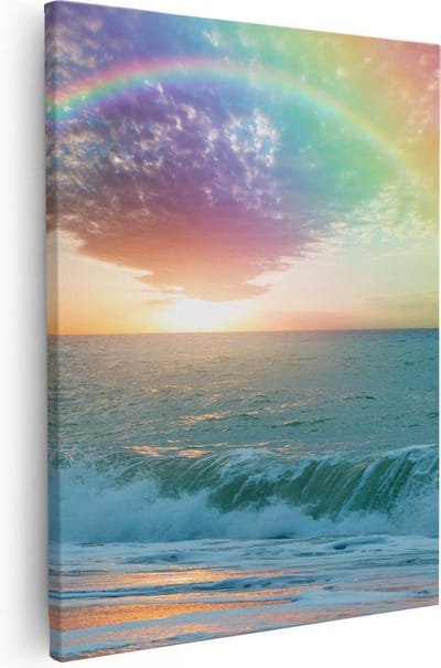 Artaza Canvas Schilderij Zeezicht - 40x50 cm - Muurdecoratie Strand - Wanddecoratie Golven - Kamer Accessoires Regenboog
