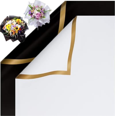 Inpakpapier bloemist boeket benodigdheden - zwart wit gouden rand waterdicht dikker cadeauverpakking papier - 584 x 584 cm - bloemen inpakpapier - 40 vellen