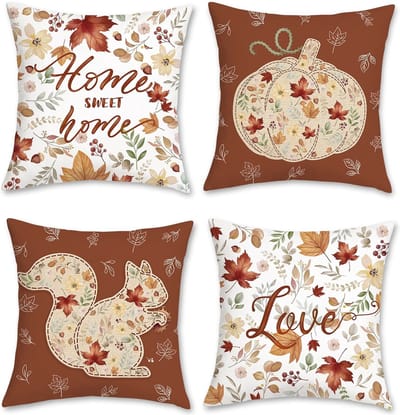 Herfstbladeren Kussenhoezen 45 x 45 cm - Eekhoorn & Pompoen Decoratie voor Huis & Tuin - Set van 4 Zachte Fluwelen Kussenslopen