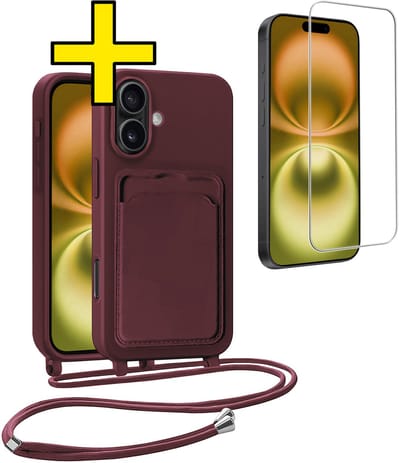 Hoesje Geschikt voor iPhone 16 Plus Telefoonhoesje Met Koord Case Pashouder Met Screenprotector Siliconen - Hoes Geschikt voor iPhone 16 Plus Hoesje Met Kaarthouder - Aubergine