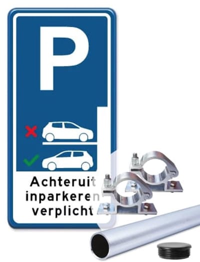 Parkeerbord Achteruit inparkeren verplicht 30x60 cm - blauw - Bevestiging: Met paal 150 cm + paalbeugels + paaldop