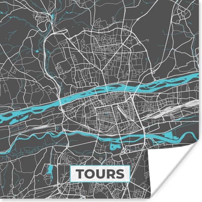 Poster Tours - Kaart - Stadskaart - Plattegrond - Frankrijk - 100x100 cm XXL