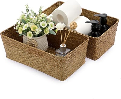 Opslagdozen Set van 2 - Wicker Baskets voor Organisatie in Keuken, Kantoor en Huiskamer - Handgeweven Opbergmanden voor Tafel en Plank