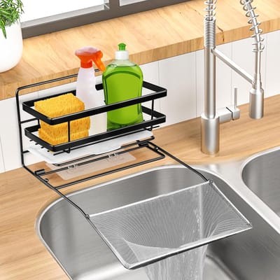 3-in-1 gootsteensponshouder voor keuken - voedselafval opbergrek en sponsorganizer - roestvrijstalen gootsteenhouder met netten - zwart sponshouder gootsteen magnetische