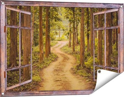 Gards Tuinposter Doorkijk Pad in het Bos met Bomen - 90x60 cm - Tuindoek - Tuindecoratie - Wanddecoratie buiten - Tuinschilderij