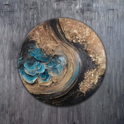 Rond canvas schilderij ⌀60 cm handgeschilderd glinstering eeuwigheid abstract – YS-Art Gallery – Mysterieuze wanddecoratie voor woonkamer en hal