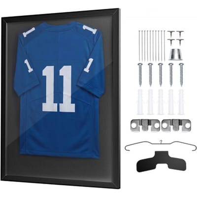 VEVOR Jersey Frame 70 X 90 Cm, Houten Fotolijst voor Sportshirts met Pc-Plaat en 98% Uv-Bescherming, Objectlijst met Ophanghaak, Vitrine voor Honkbal-, Basketbal-, American Football- en Hockeyshirts, Zwart