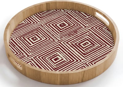Dienblad rond 40x40 cm - Schootdienblad hout - Geometrisch - Patroon - Rood - Borrelplank rechthoek - Plateau houten dienbladen